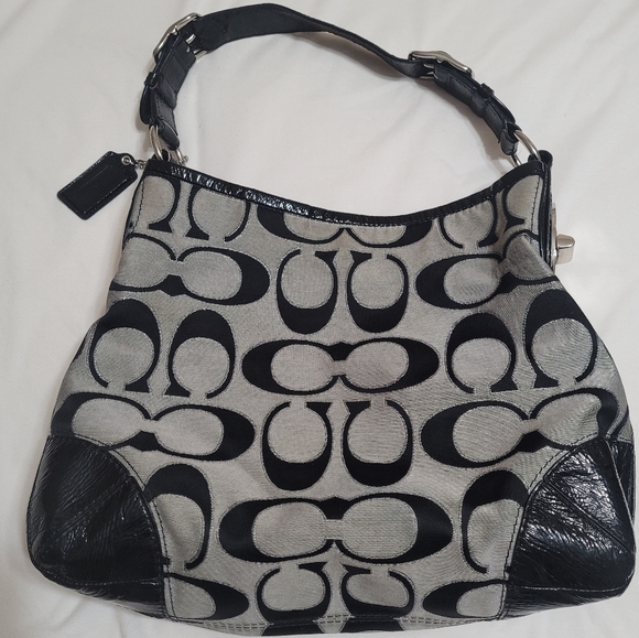 COACH PEYTON SIGNATURE LUREX HOBO BAG BLACK/SILVER - Picture 3 of 12